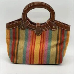 Fossil Leather Handle Multi-Colored Striped Canvas Handbag